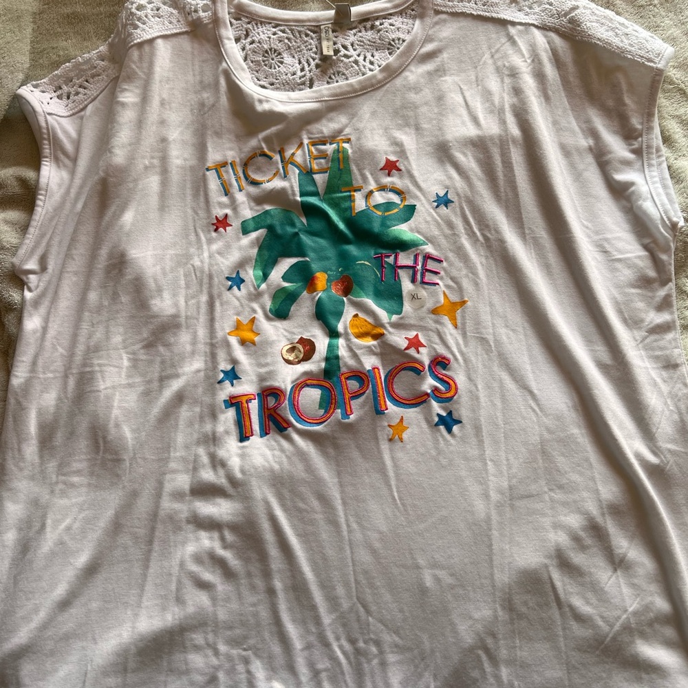 Cato White Tee with Tropical Embroidery